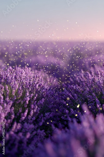 Serene lavender field at sunset with glowing particles