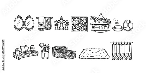 Bathroom decor linear icon set. Featuring mirror, towel, faucet, decor, shelf, soap, and curtain symbols