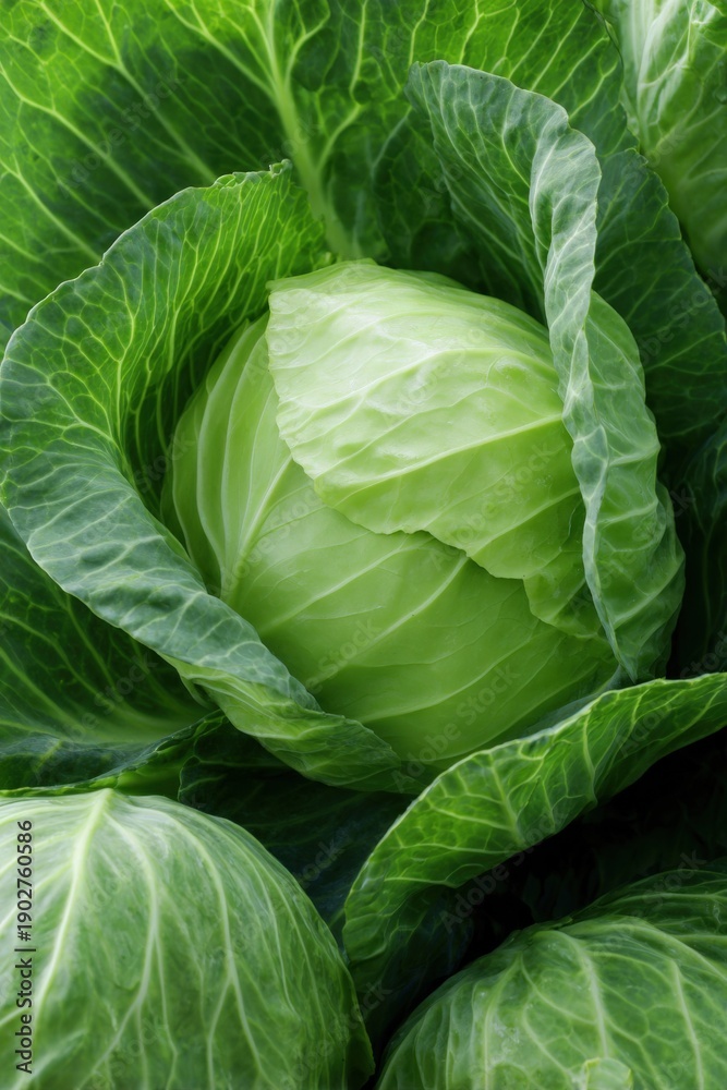 Fototapeta premium Close-up of fresh green cabbage with textured leaves in garden