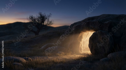 Empty Tomb with Glowing Light – Minimal Resurrection Concept in Cinematic 16:9 Composition