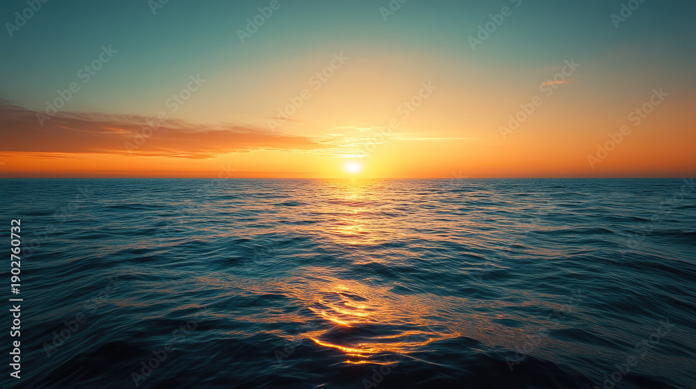 Fototapeta premium A stunning view of the sunset reflecting on the ocean's surface. The sky is ablaze with warm colors, creating a breathtaking and tranquil scenery AI Generative