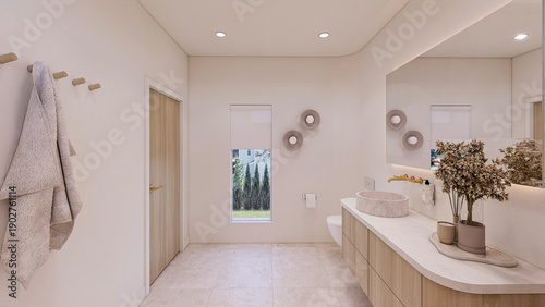 Fotografie Bathroom vanity and toilet area with mirror lighting – 3D render
