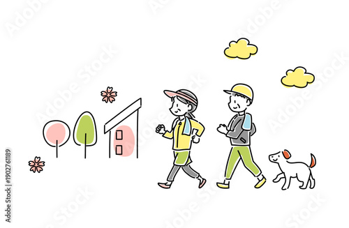 春にウォーキングをする老夫婦と犬のベクターイラスト