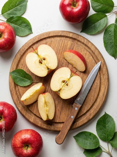 Sliced red apples on a wooden cutting board with a knife and green leaves.