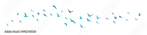 Flying birds blue silhouette flock. hand drawing. Not AI. Vector illustration