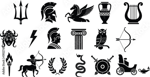 Roman mythology trident sea god Poseidon. A winged horse Pegasus. An amphora, vase., lyre,  stringed musical instrument, owl, chariot, shield and swords, wreath, helmet, medusa, column lightning, 