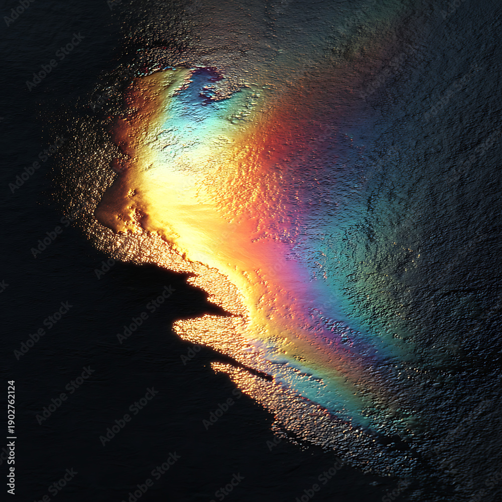 Fototapeta premium Vibrant Iridescent Oil Spill Pattern on Dark Liquid Surface Featuring a Spectrum of Rainbow Colors and Fluid Textures for Environmental and Creative Concepts.