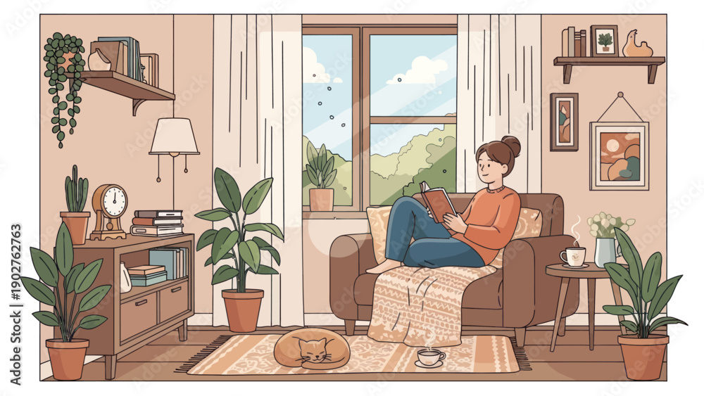 Fototapeta premium Woman Relaxing on Sofa with Tablet.