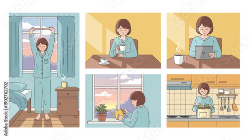 Woman in Robe Doing Daily Routine Activities.