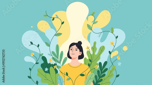 Woman surrounded by lush green foliage and flowers.