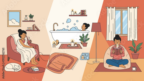 Woman Relaxing in Different Settings.
