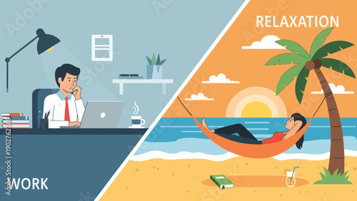 Man Working and Relaxing in Contrasting Environments.