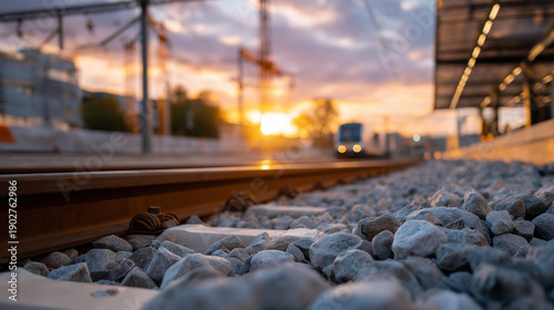 In the railway line reconstruction overview, various construction materials like aggregate and asphalt are prominently featured, stressing their significance in building durable, long-lasting