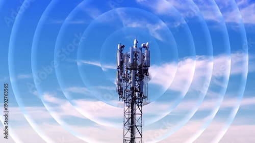 5G Cell Phone Tower Emitting Realistic Radio Waves Seamless Loop