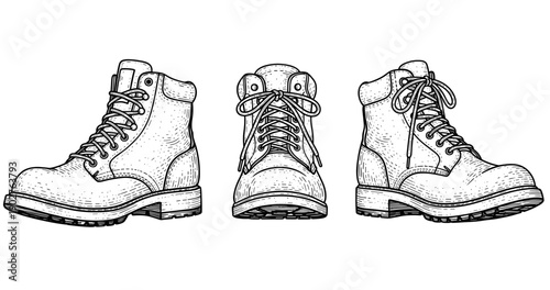 Vintage lace-up leather boots trio in black and white illustration