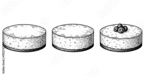 Hand-drawn trio of round cheesecakes with berries on white background