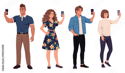 Diverse group taking selfies with smartphones