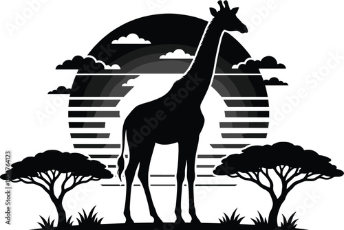 Majestic giraffe silhouette standing in African savanna landscape with retro sunset and acacia trees isolated on white background for wildlife nature travel design
