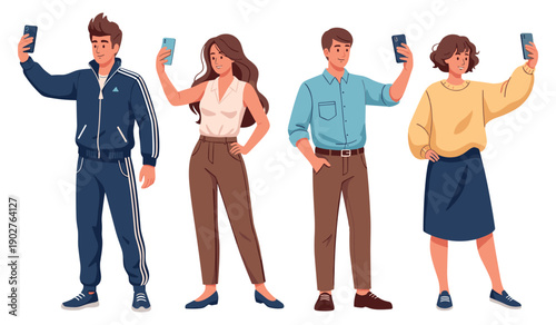 Group of young adults taking selfies with smartphones