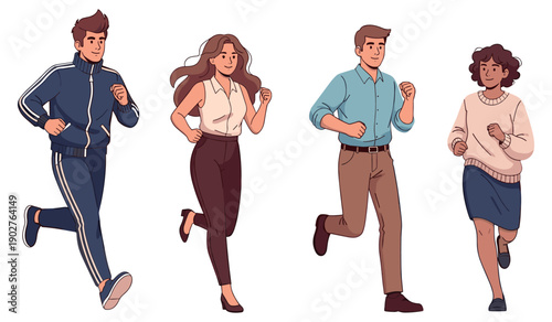 Group of diverse young adults jogging together in sportswear