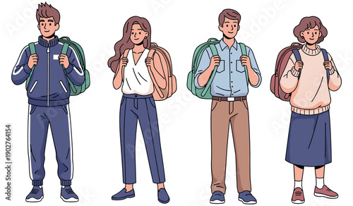 Young adults with backpacks: diverse group in casual attire