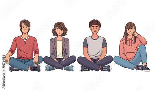 Four diverse teens sitting casually with smiles on face