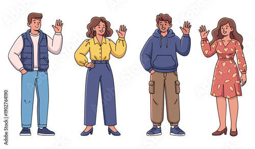 Diverse animated characters: caucasian young adults waving and smiling