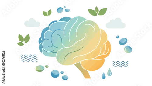 Human Brain Illustration with Water Elements.