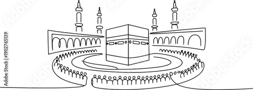 Single one-line drawing city ​​of Mecca Kaaba. Hajj and Umrah activity concept. one line Art icon drawing vector