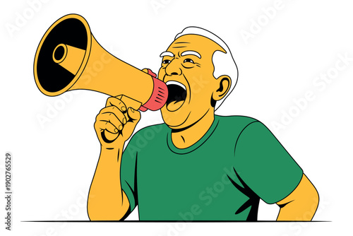 A cartoon illustration of an older man shouting into a megaphone with a green t-shirt on.