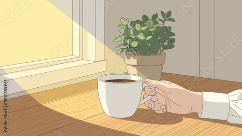 Hand Holding Coffee Cup on Table.