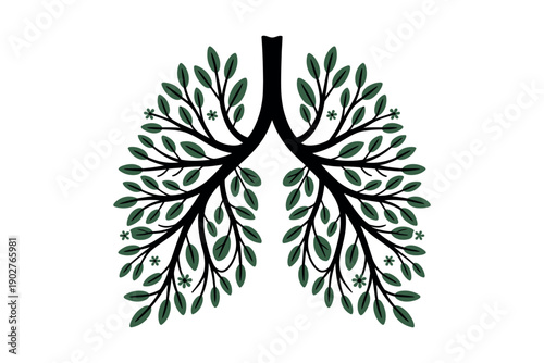 An illustration of lungs made of green leaves and branches on a white background symbolizing health.