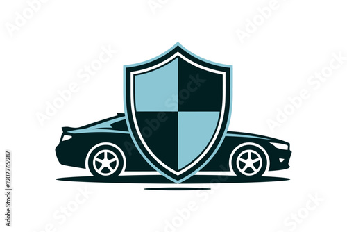 A stylized illustration of a car protected by a shield with a checkered design on a white background.