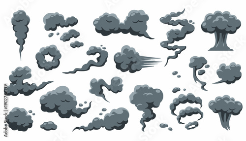 Collection of Cartoon Smoke Clouds and Puffs Vector Illustration Set.