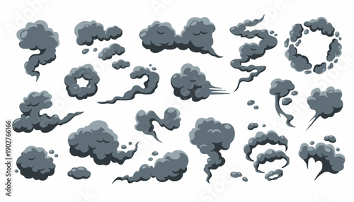 Collection of Cartoon Smoke Clouds and Puffs in Various Shapes.
