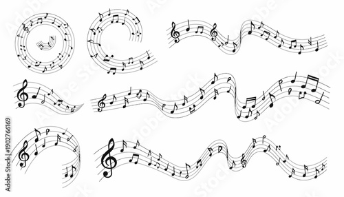 Collection of black and white musical notes symbols and treble clefs vector illustrations.