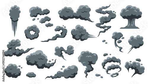 Cartoon Vector Illustrations of Gray Clouds and Smoke Puffs Collection.