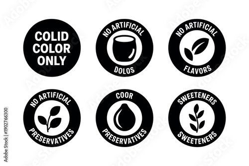 A set of black and white food labels highlighting natural ingredients and absence of artificial additives