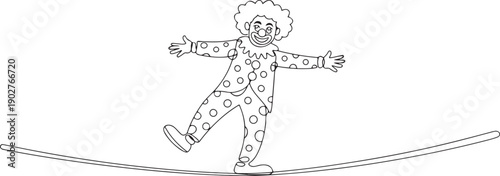 Single one line drawing of a tightrope walking circus clown. A cute man in a suit and makeup for a holiday for children. Joker in a suit and wig. one line Art icon drawing vector