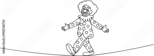 Single one line drawing of a tightrope walking circus clown. A cute man in a suit and makeup for a holiday for children. Joker in a suit and wig. one line Art icon drawing vector