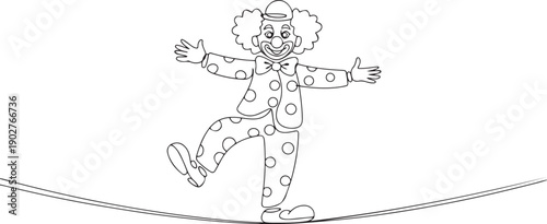Single one line drawing of a tightrope walking circus clown. A cute man in a suit and makeup for a holiday for children. Joker in a suit and wig. one line Art icon drawing vector
