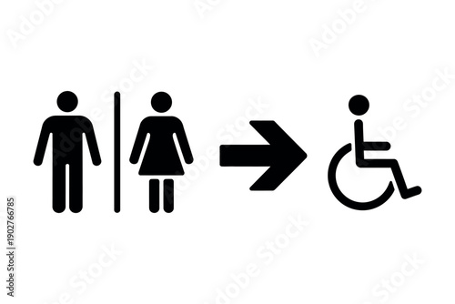 A sign indicating accessible restroom for people with disabilities near male and female toilets.