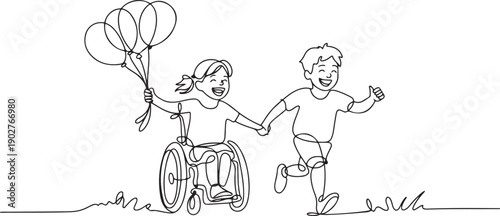 Happy disabled girl with balloons and healthy boy run outdoor. Friends together with disabled. one line Art icon drawing vector