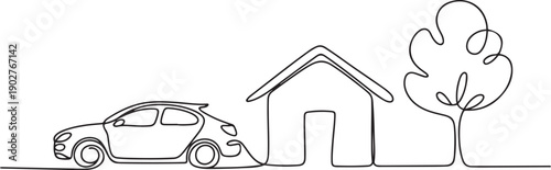 Continuous line drawing of car, house and tree on white background. one line Art icon drawing vector