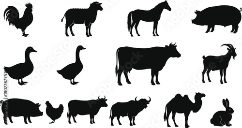 Farm animal silhouette collection featuring cow horse pig sheep rooster and duck isolated on white background for livestock agriculture and rural nature design