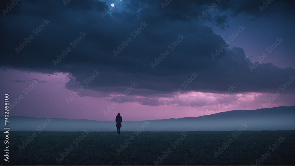 Fototapeta premium Silhueta de mulher solitária num campo ao entardecer sob céu dramático e lua cheia. Estética surreal em tons de roxo e azul.