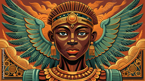 Very beautiful historical illustration of a bronze winged head from Benin, representing classical African artistry, craftsmanship, and cultural antiquities preserved in art history.