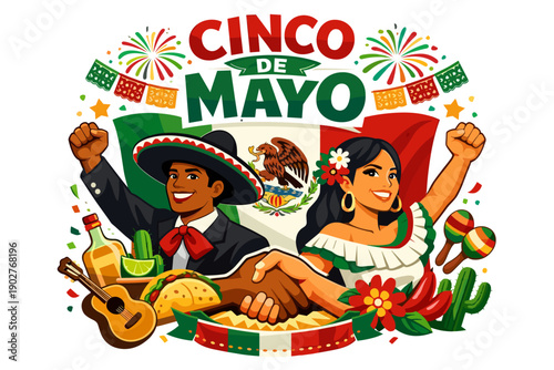 Cinco de Mayo celebration with Mexican couple, flag and traditional symbols