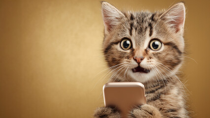 Smartphone shocked meme cat with copy space on gold background cat-meme_1056