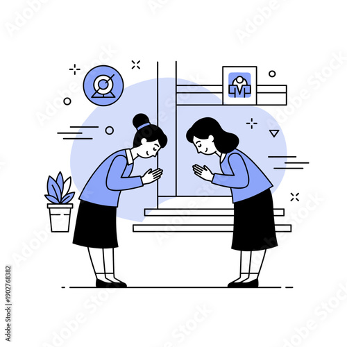 Two asian female characters bowing politely in a minimalist illustration